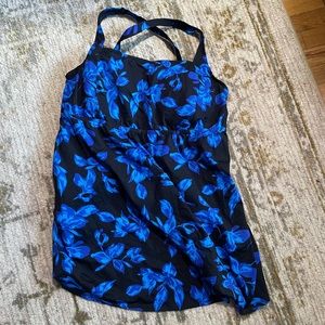 Lands end swim dress two piece black w/blue flowers 24W
